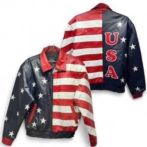 Vintage Leather USA Bomber Jacket American Flag Patriotic Stars & Stripes Moto